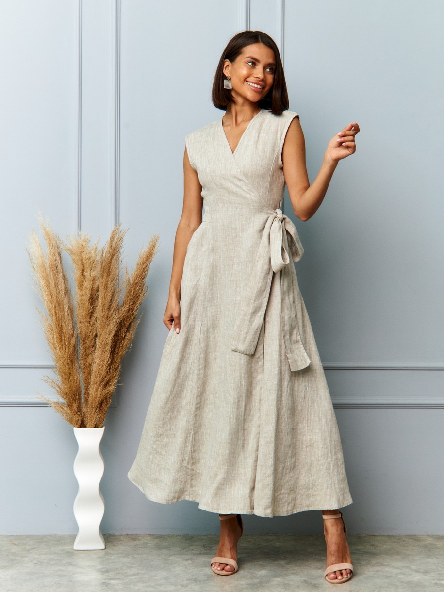 Платье с запахом льняное длинное